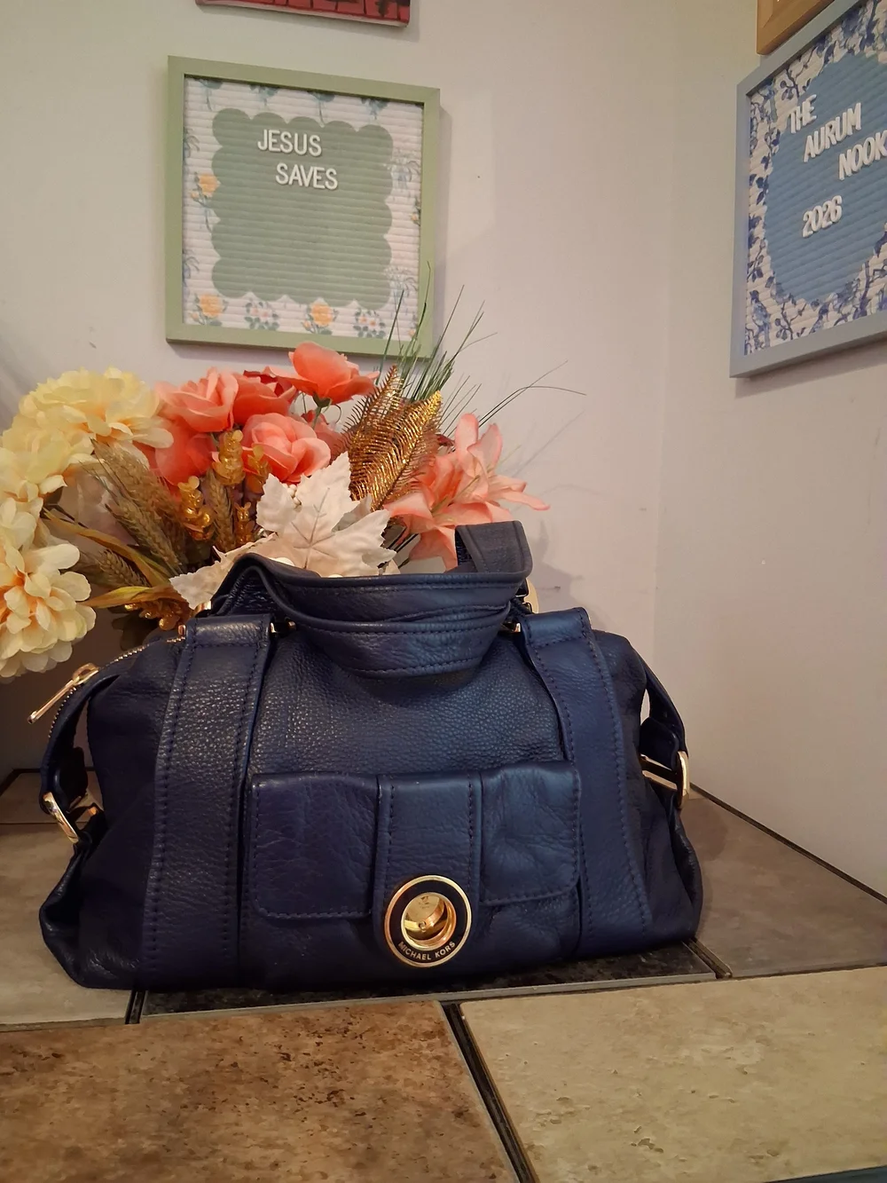 Michael Kors Navy Leather Slouchy Barrel Bag with Gold Hardware